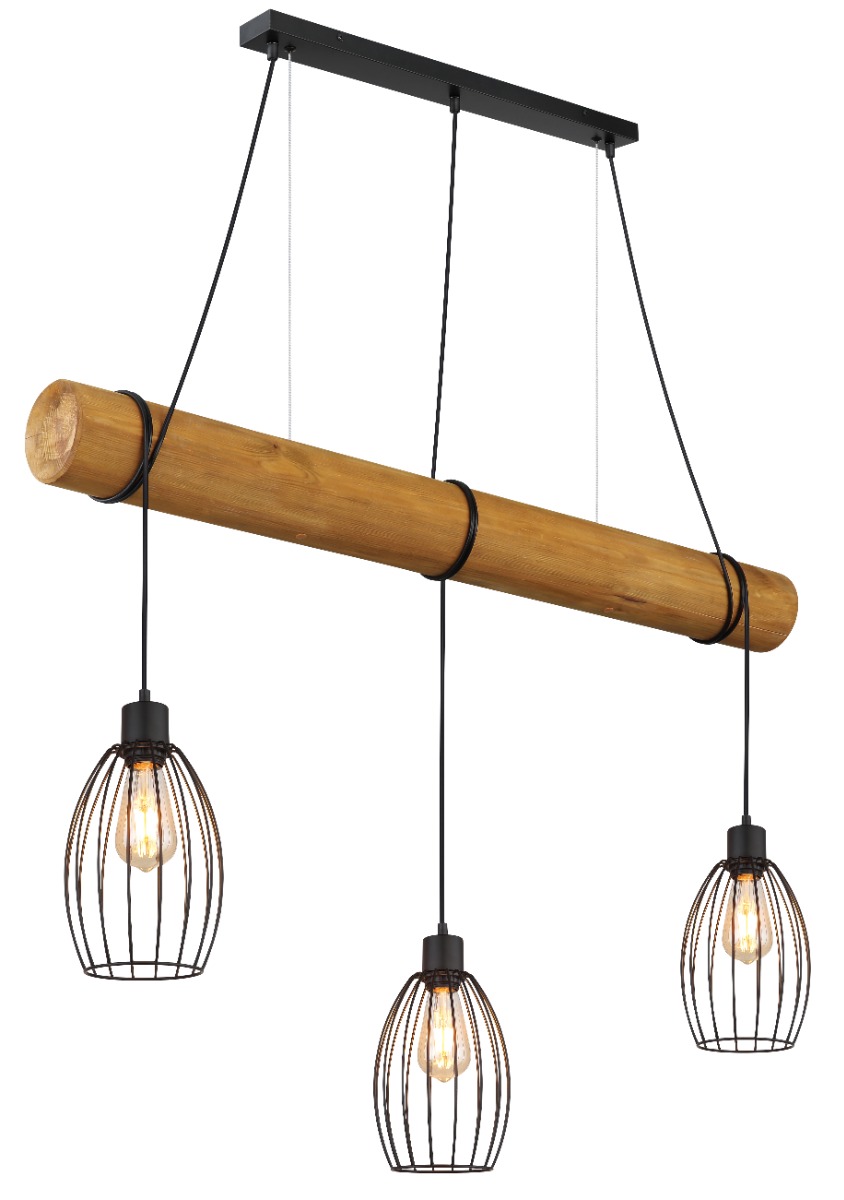 Suspension métal noir mat, bois brun, tiges métalliques noir mat, câble PVC Noir 3x max 40W/E27/230V IP20 BERTI 30250346 Globo Lighting
