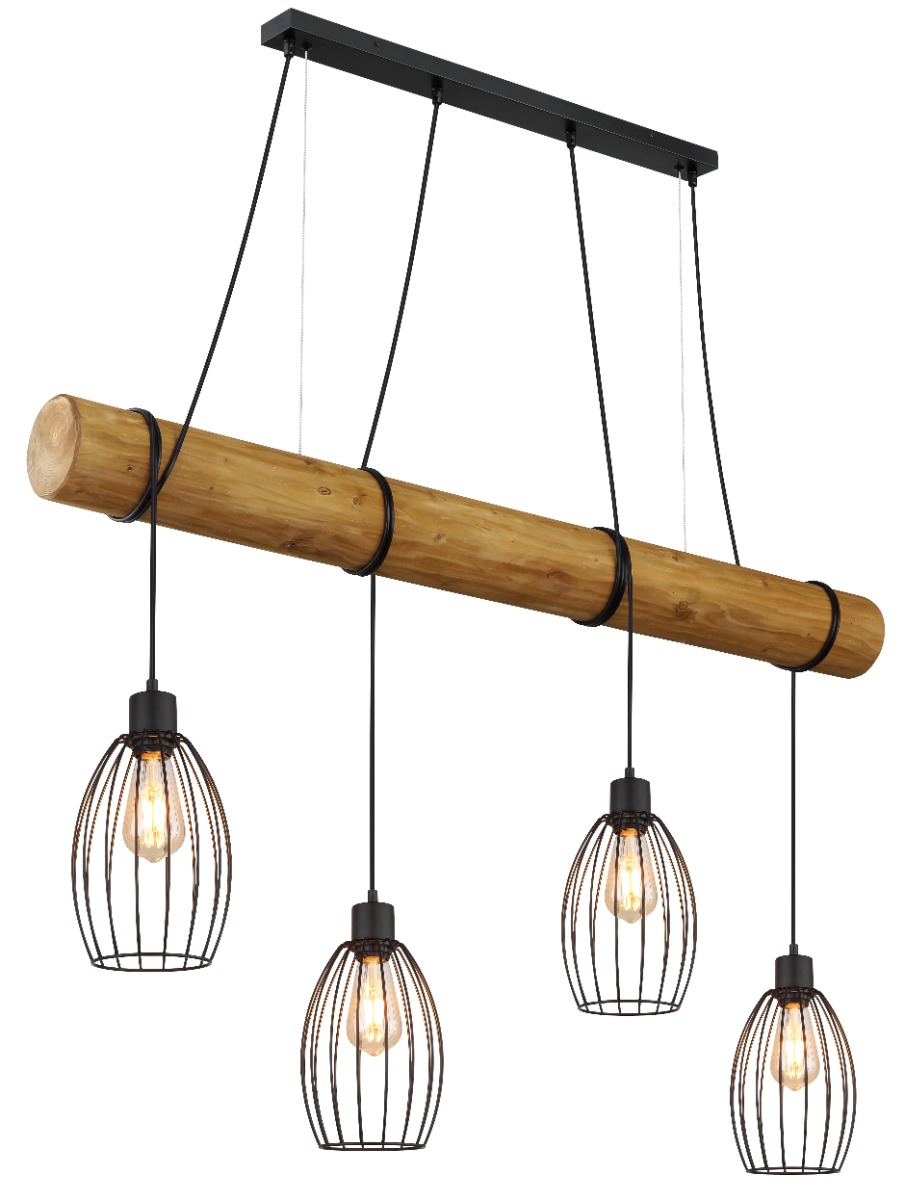 Suspension métal noir mat, bois brun, tiges métalliques noir mat, câble PVC Noir 4x max 40W/E27/230V IP20 BERTI 30250446 Globo Lighting