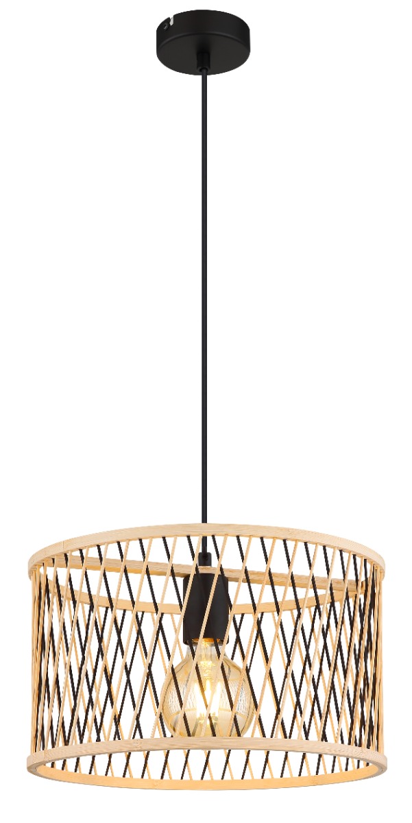 Suspension métal noir mat, Bambou couleur naturelle, noir mat, câble PVC Noir 1x LED max 20W/E27/230V IP20 MALI 31050108 Globo Lighting