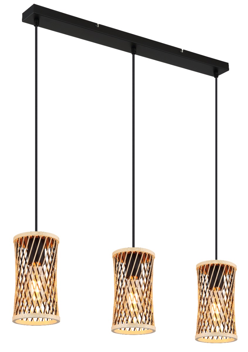 Suspension métal noir mat, Bambou couleur naturelle, noir mat, câble PVC Noir 3x LED max 20W/E27/230V IP20 MALI 31050308 Globo Lighting