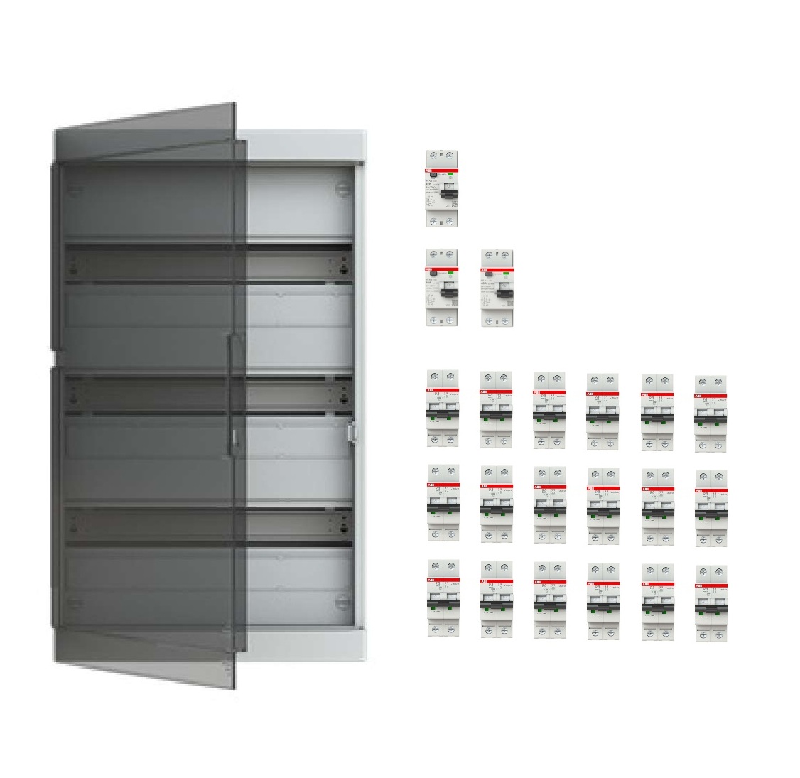 Coffret apparent 3x18 modules précâblé monophasé 230V 63A pour 18 circuits avec porte transparente ABB-Vynckier