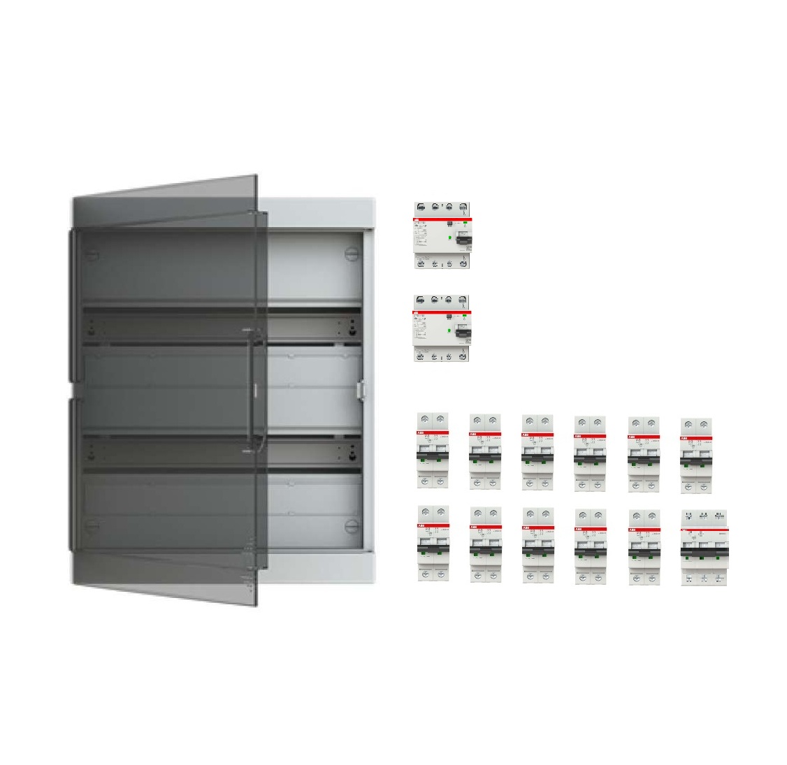 Coffret apparent 2x18 modules précâblé triphasé 3x230V 40A pour 10 circuits avec porte transparente ABB-Vynckier
