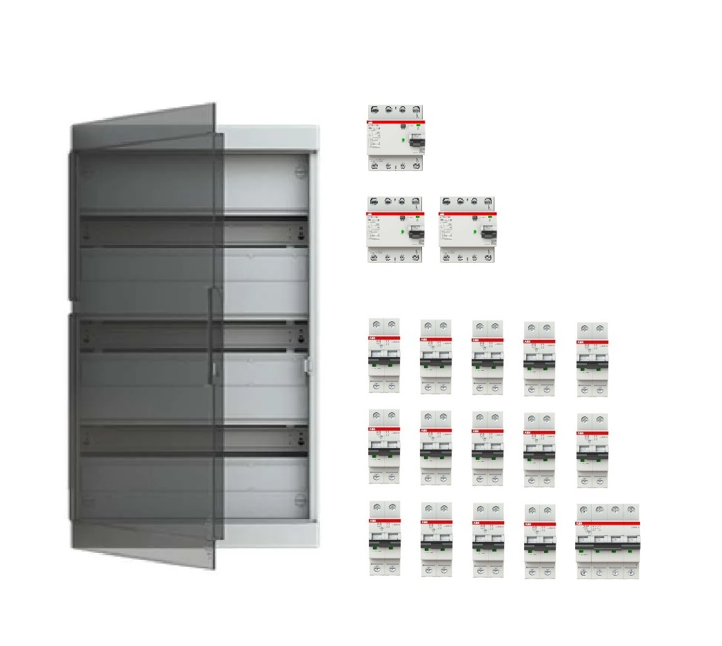 Coffret apparent 3x18 modules précâblé triphasé 3x230V 40A pour 15 circuits avec porte transparente ABB-Vynckier