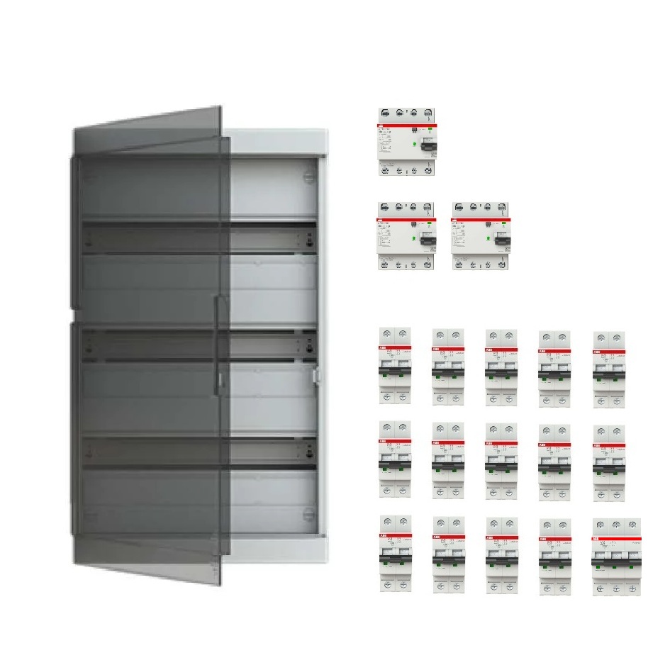 Coffret apparent 3x18 modules précâblé triphasé 3x400V+N 40A pour 15 circuits avec porte transparente ABB-Vynckier