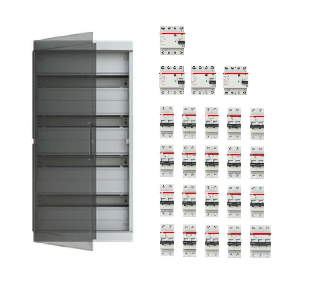 Coffret apparent 4x18 modules précâblé triphasé 3x230V 40A pour 20 circuits avec porte transparente ABB-Vynckier