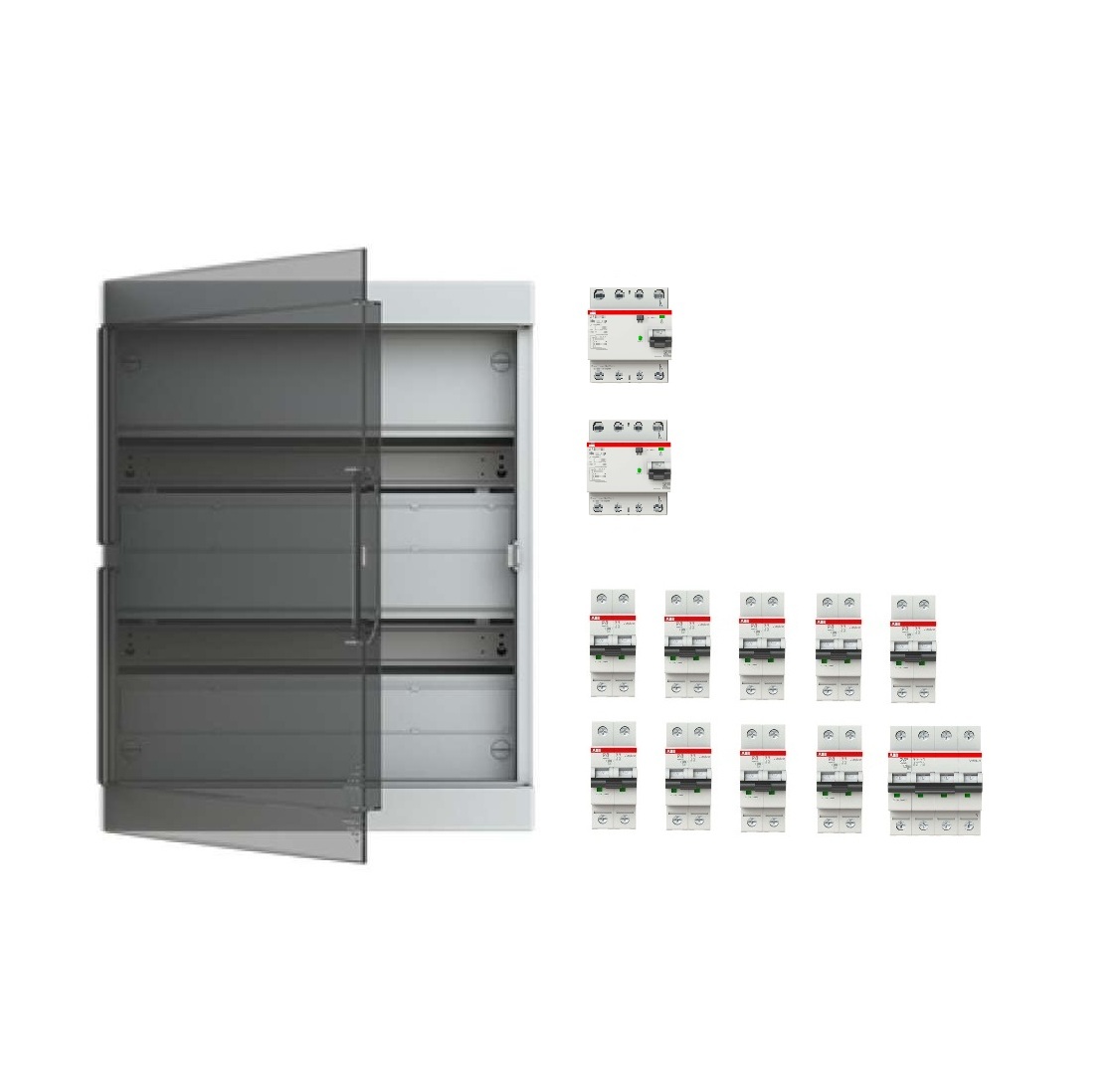 Coffret apparent 2x18 modules précâblé triphasé 3x400V+N 40A pour 10 circuits avec porte transparente ABB-Vynckier