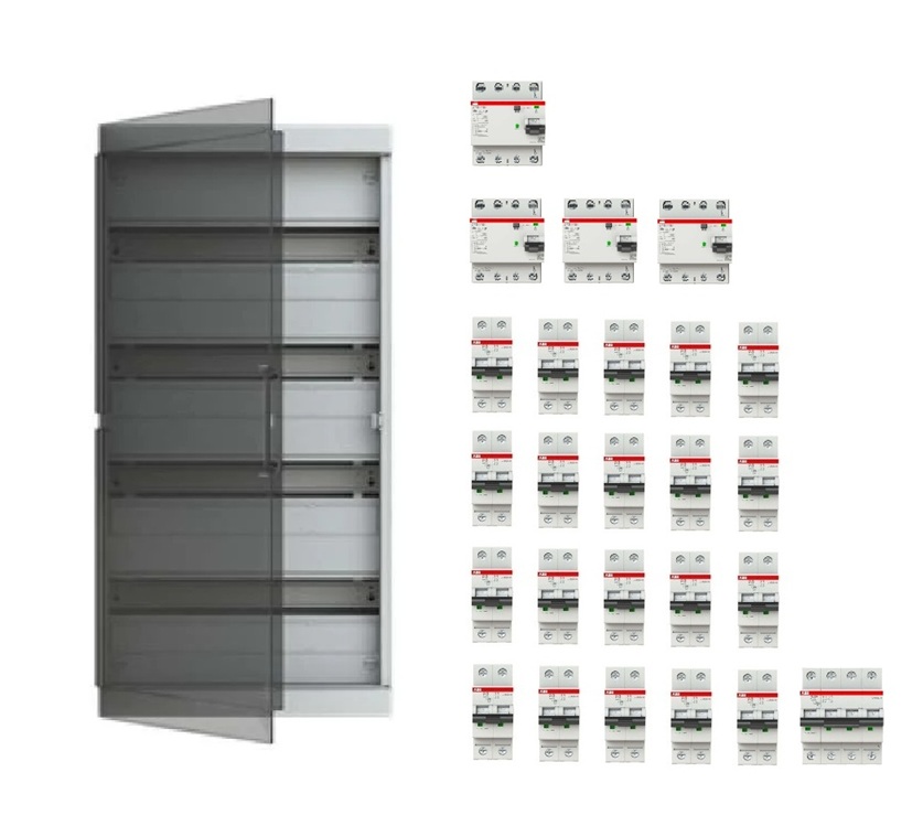 Coffret apparent 4x18 modules précâblé triphasé 3x400V+N 40A pour 21 circuits avec porte transparente ABB-Vynckier