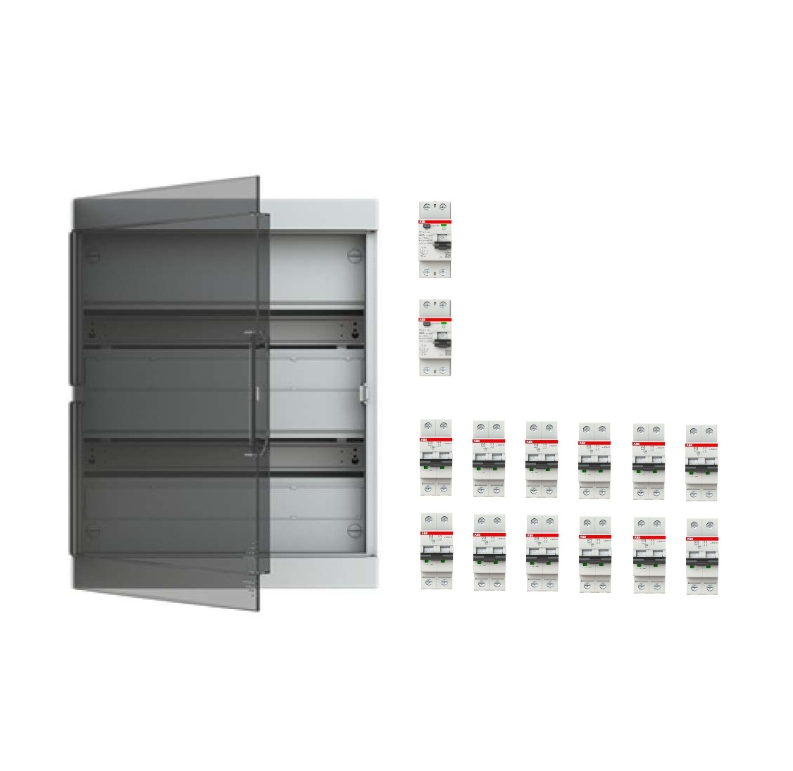 Coffret apparent 2x18 modules précâblé monophasé 230V 63A pour 12 circuits avec porte transparente ABB - Vynckier