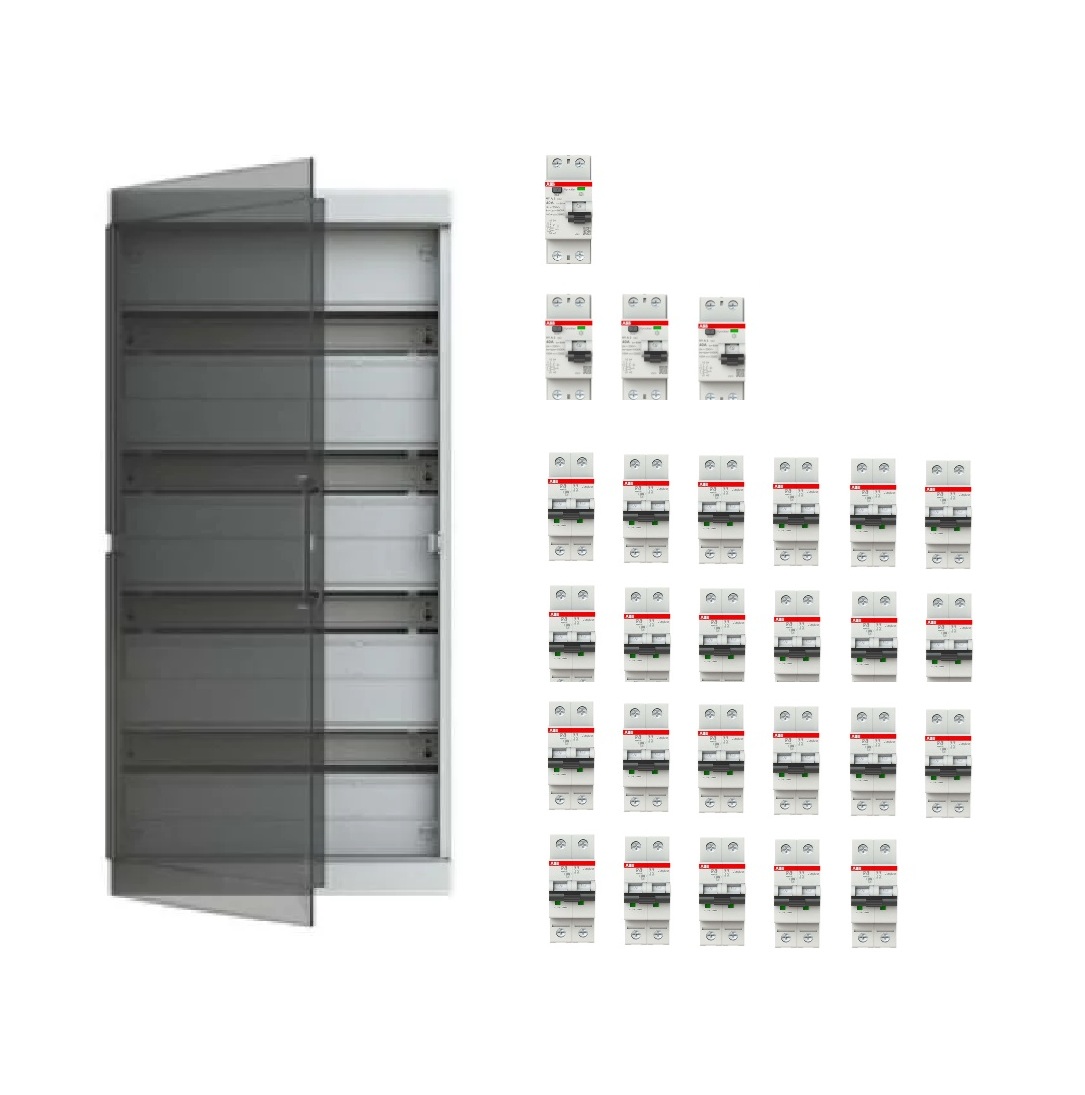 Coffret apparent 4x18 modules précâblé monophasé 230V 63A pour 23 circuits avec porte transparente ABB-Vynckier