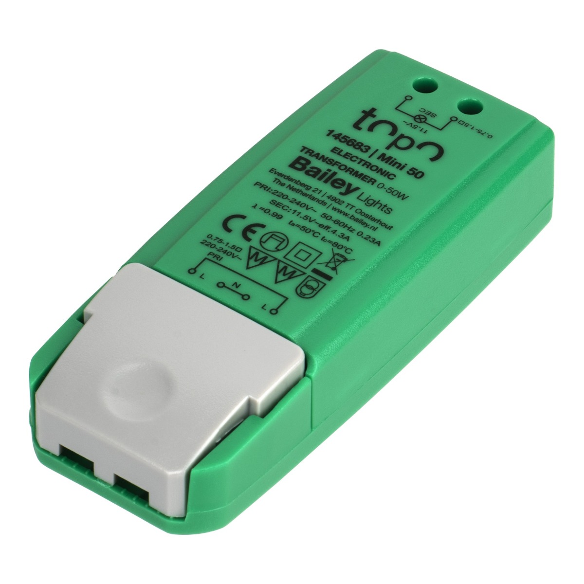 Transformateur électronique à bornes 230V/12V 0-50W (halo) 0-30W (led) dimmable 145683 Topo Mini 50 Bailey