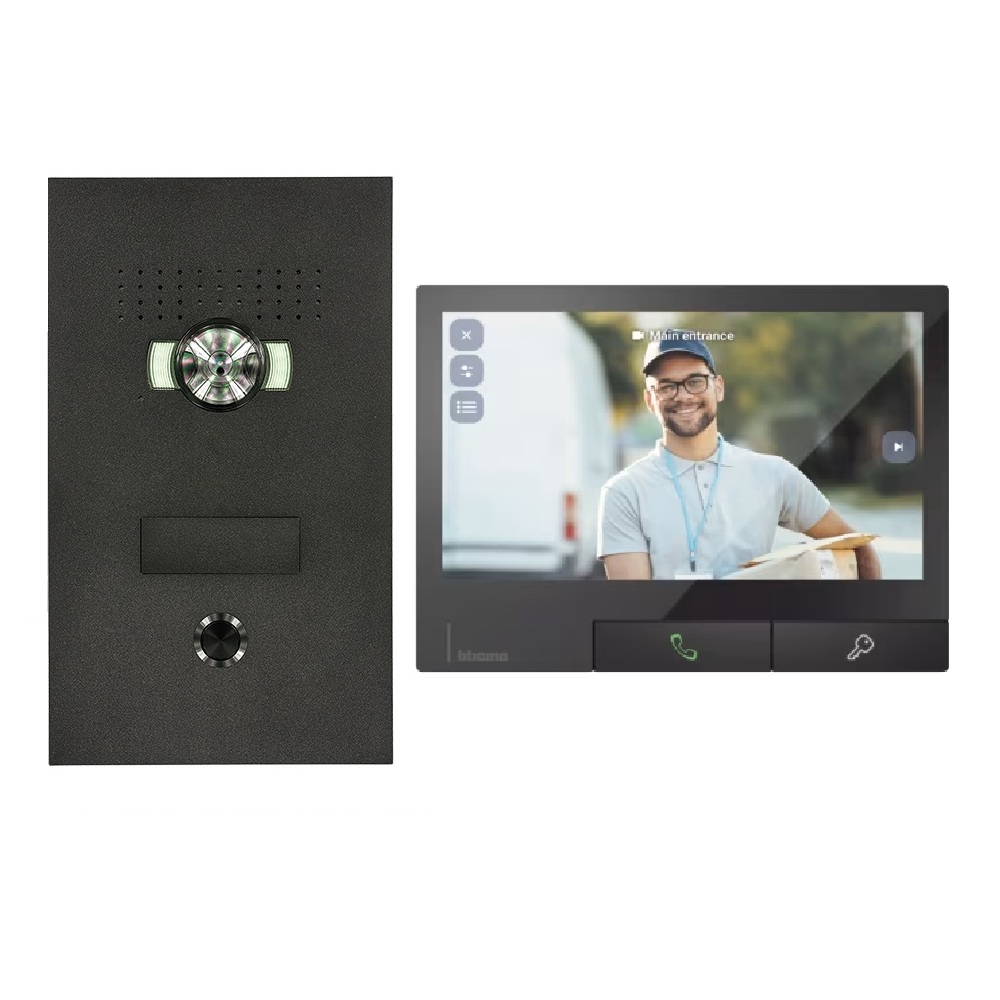 Kit vidéophone système 2 fils poste de rue encastré Sfera Luna noir à 1 bouton + 1 poste intérieur vidéo noir Classe 300X mémoire et applications mobiles Bticino