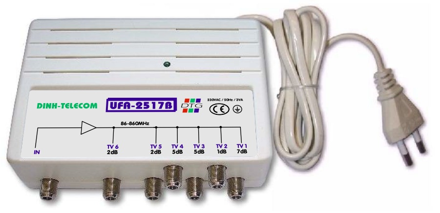 Amplificateur TV à 6 sorties 2 à 7dB UFA-2517B Dinh-Telecom