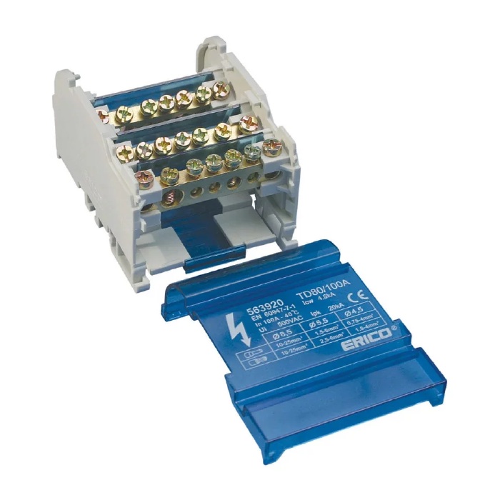 Répartiteur (jeu de barres) tétrapolaire 4P/100A 13 connexions par phase Erico