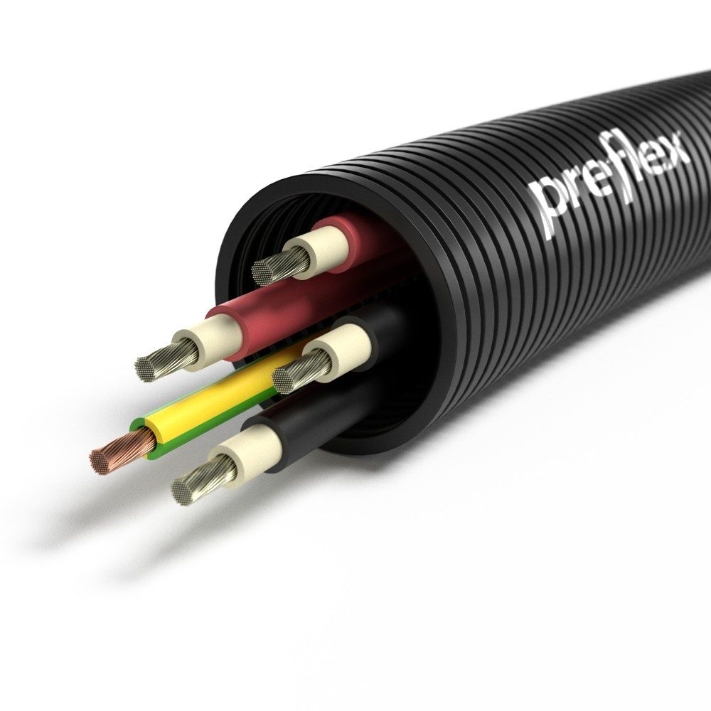 Tube annelé (flex) noir résistant aux U-V avec 4 fils solaires 6mm² et 1 fil de terre 6mm² Cca (LSOH) Ø25mm (rouleau 50 mètres)