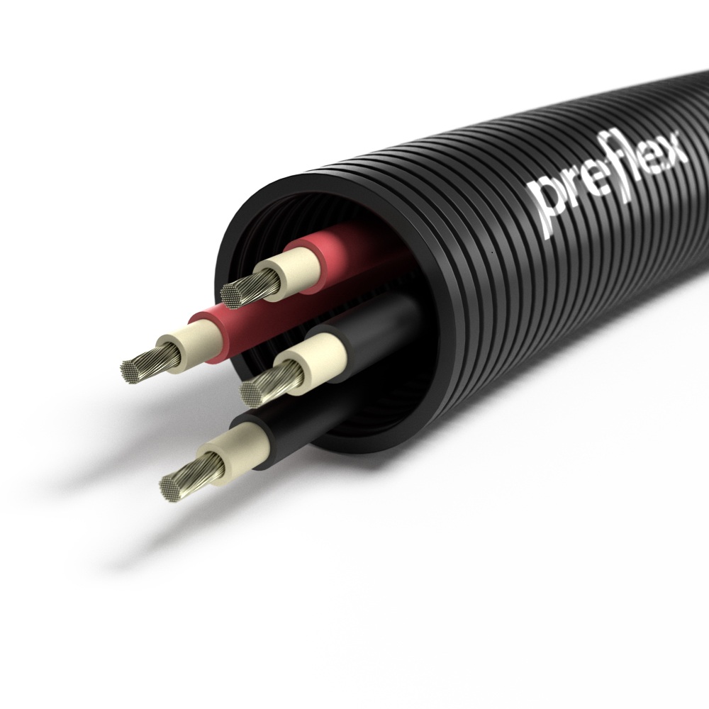 Tube annelé (flex) noir résistant aux U-V avec 4 fils solaire 6mm² Cca (LSOH) Ø32mm (rouleau  50 mètres)