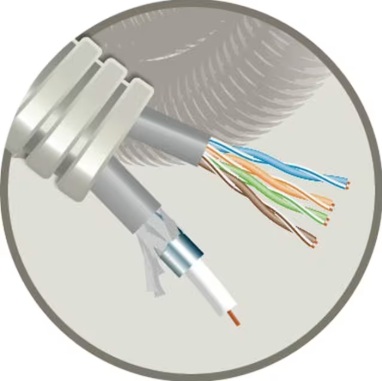 Tube précâblé (flex) multimédia avec câble de données U/UTP CAT 5E et câble coaxial ELB1 Eca (rouleau 100 mètres)