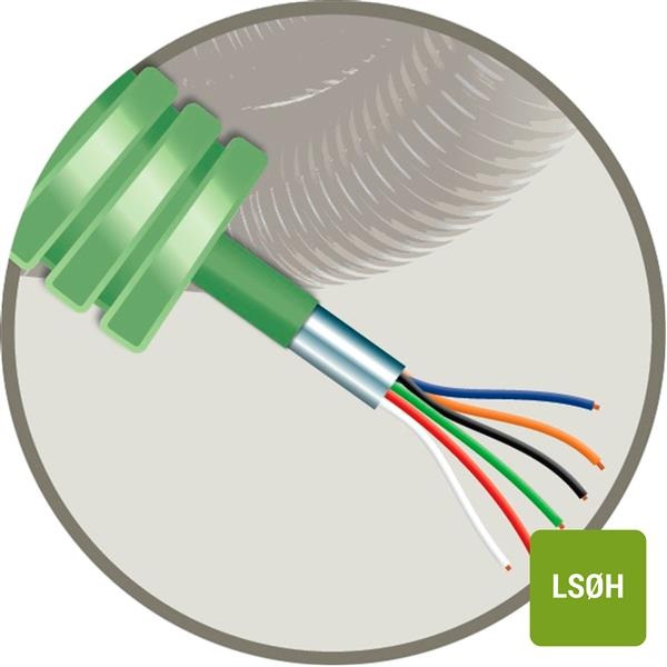 Tube précâblé (flex) avec câble souple blindé alarme 6x0.22mm² Cca vert LSOH sans halogène (rouleau 100 mètres)