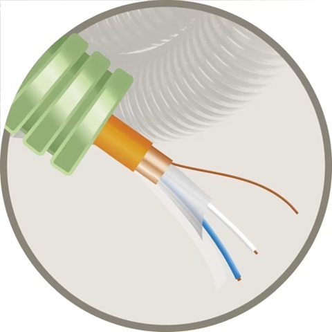 Tube précâblé (flex) avec câble de signalisation 1x2x0.9mm² 300/500V FR2 (RF1h30) Cca vert LSOH sans halogène (rouleau 100 mètres)
