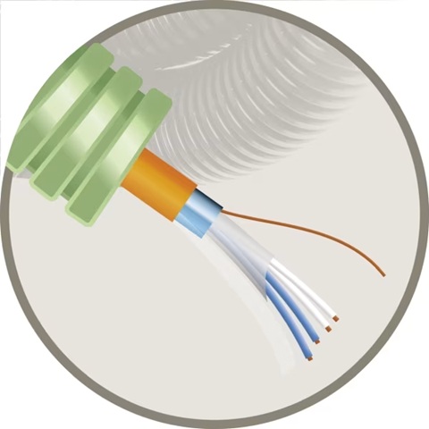Tube précâblé (flex) avec câble de signalisation 2x2x0.9mm² 300/500V FR2 (RF1h30) Cca vert LSOH sans halogène (rouleau 100 mètres)