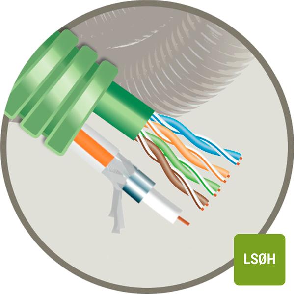 Tube précâblé (flex) multimédia avec câble de données U/UTP CAT 6A et câble coaxial Voo Cca LSOH (sans halogène - rouleau 100 mètres)
