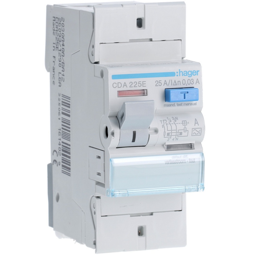 Interrupteur différentiel type A bipolaire 2P/25A -  30mA CDA225E Hager 