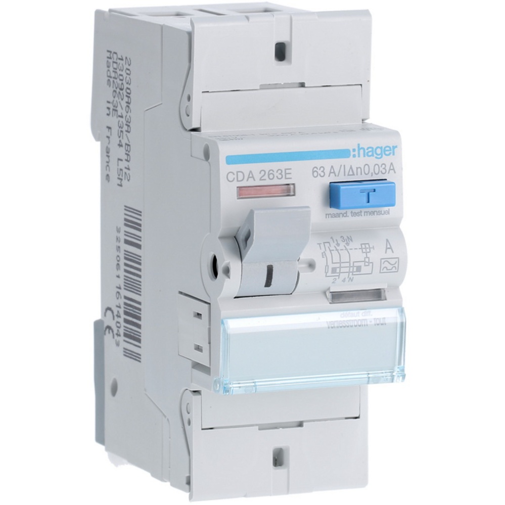 Interrupteur différentiel type A bipolaire 2P/63A -  30mA CDA263E Hager 