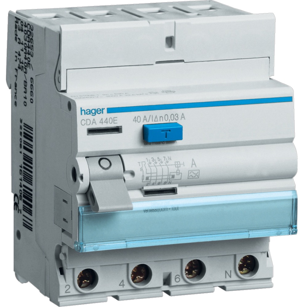 Interrupteur différentiel type A tétrapolaire 4P/40A -  30mA CDA440E Hager 