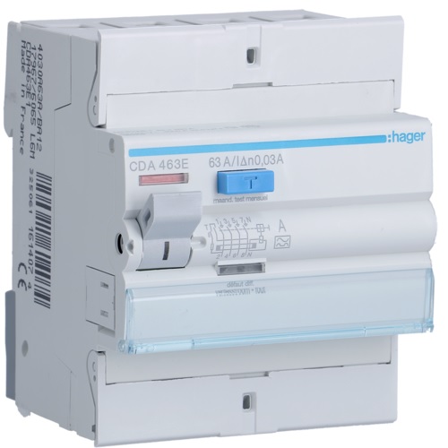 Interrupteur différentiel type A tétrapolaire 4P/63A -  30mA CDA463E Hager 