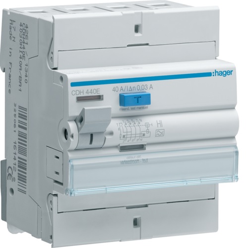 Interrupteur différentiel type A tétrapolaire 4P/ 40A -  30mA Hi CDH440E Hager