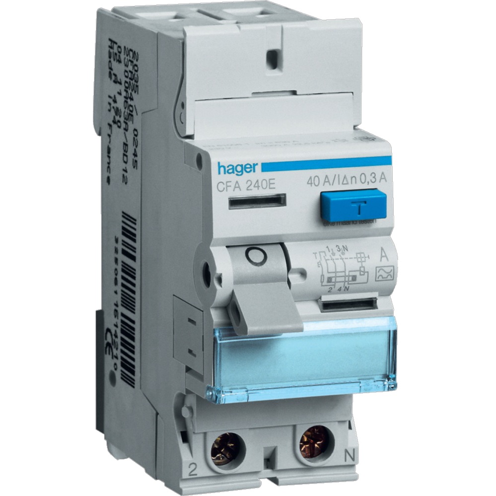 Interrupteur différentiel type A bipolaire 2P/40A - 300mA CFA240E Hager