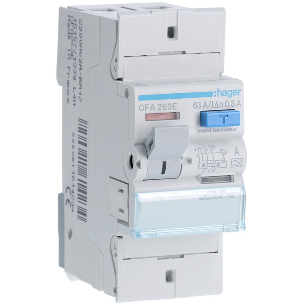 Interrupteur différentiel type A bipolaire 2P/63A - 300mA CFA263E Hager