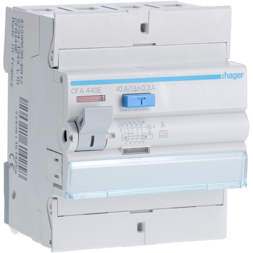Interrupteur différentiel type A tétrapolaire 4P/40A - 300mA CFA440E Hager