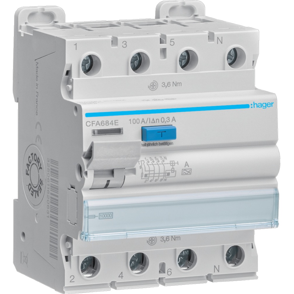 Interrupteur différentiel type A tétrapolaire 4P/100A - 300mA CFA684E Hager