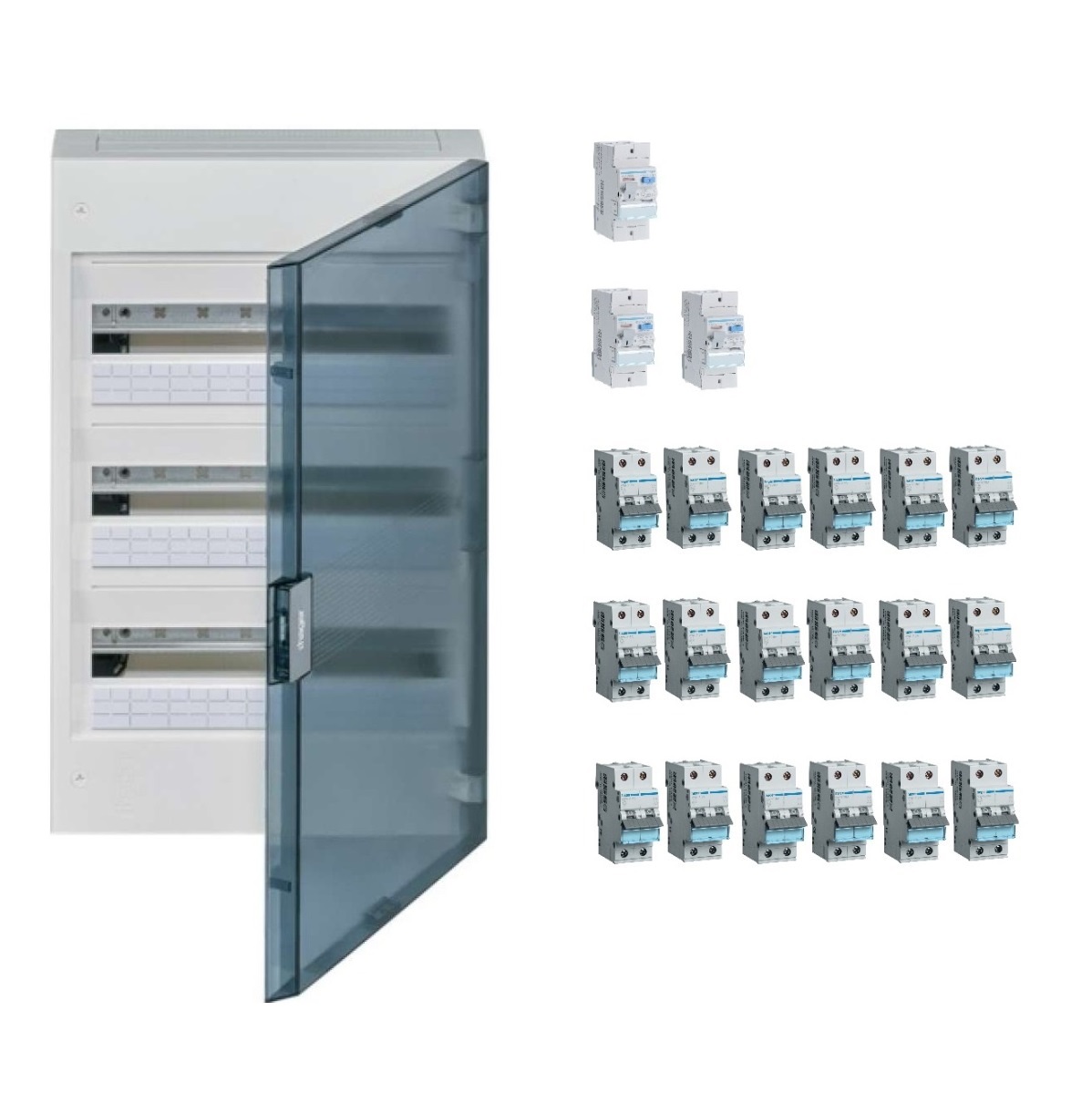Coffret apparent 3x18 modules précâblé monophasé 230V 40A pour 18 circuits avec porte transparente Hager