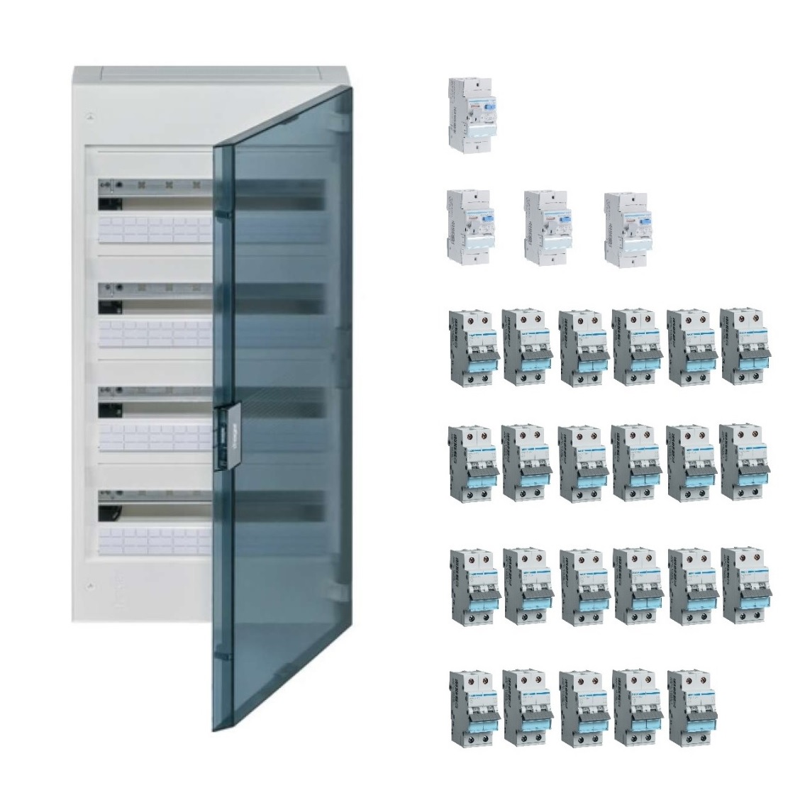 Coffret apparent 4x18 modules précâblé monophasé 230V 40A pour 23 circuits avec porte transparente Hager
