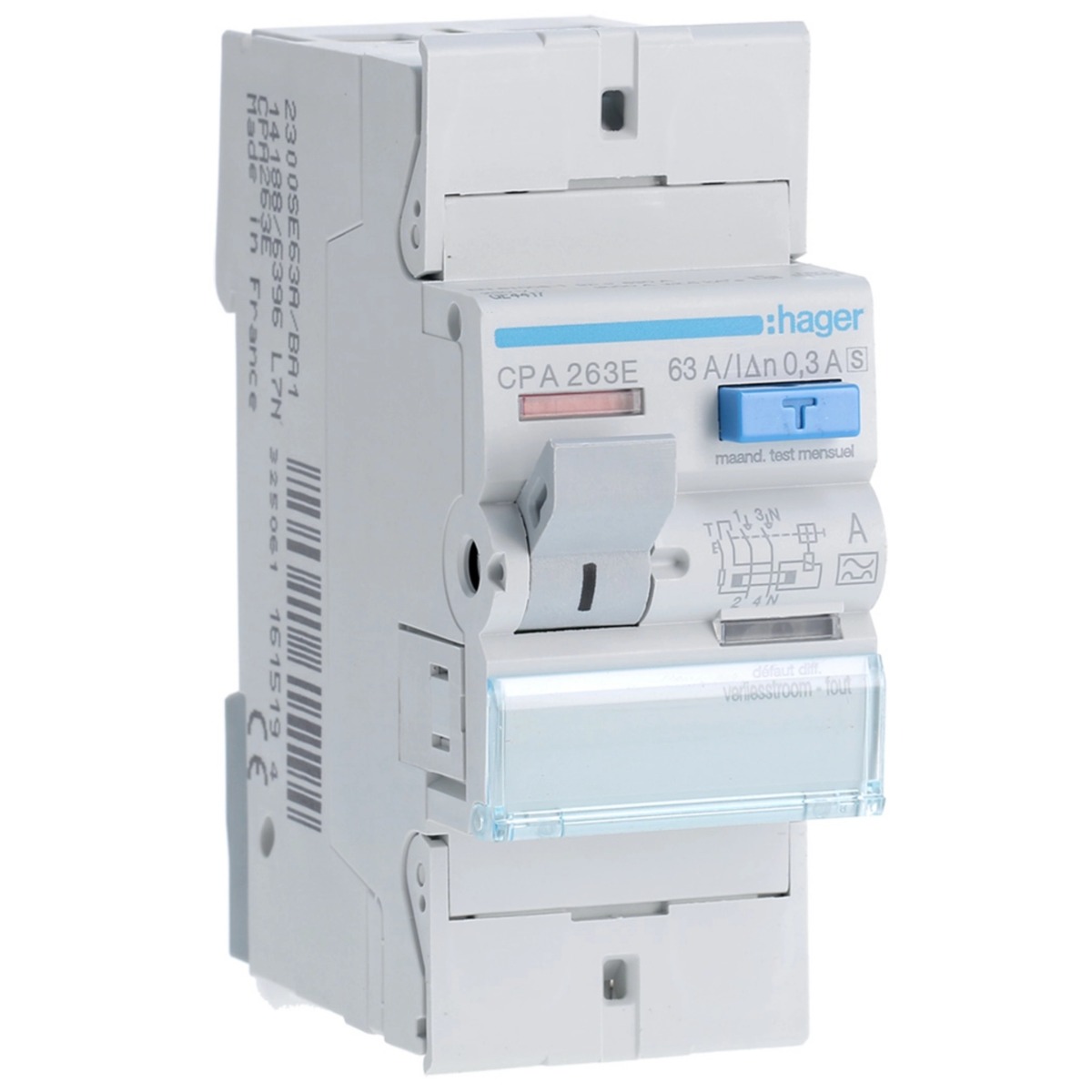 Interrupteur différentiel type A bipolaire 2P/63A - 300mA Sélectif CPA263E Hager