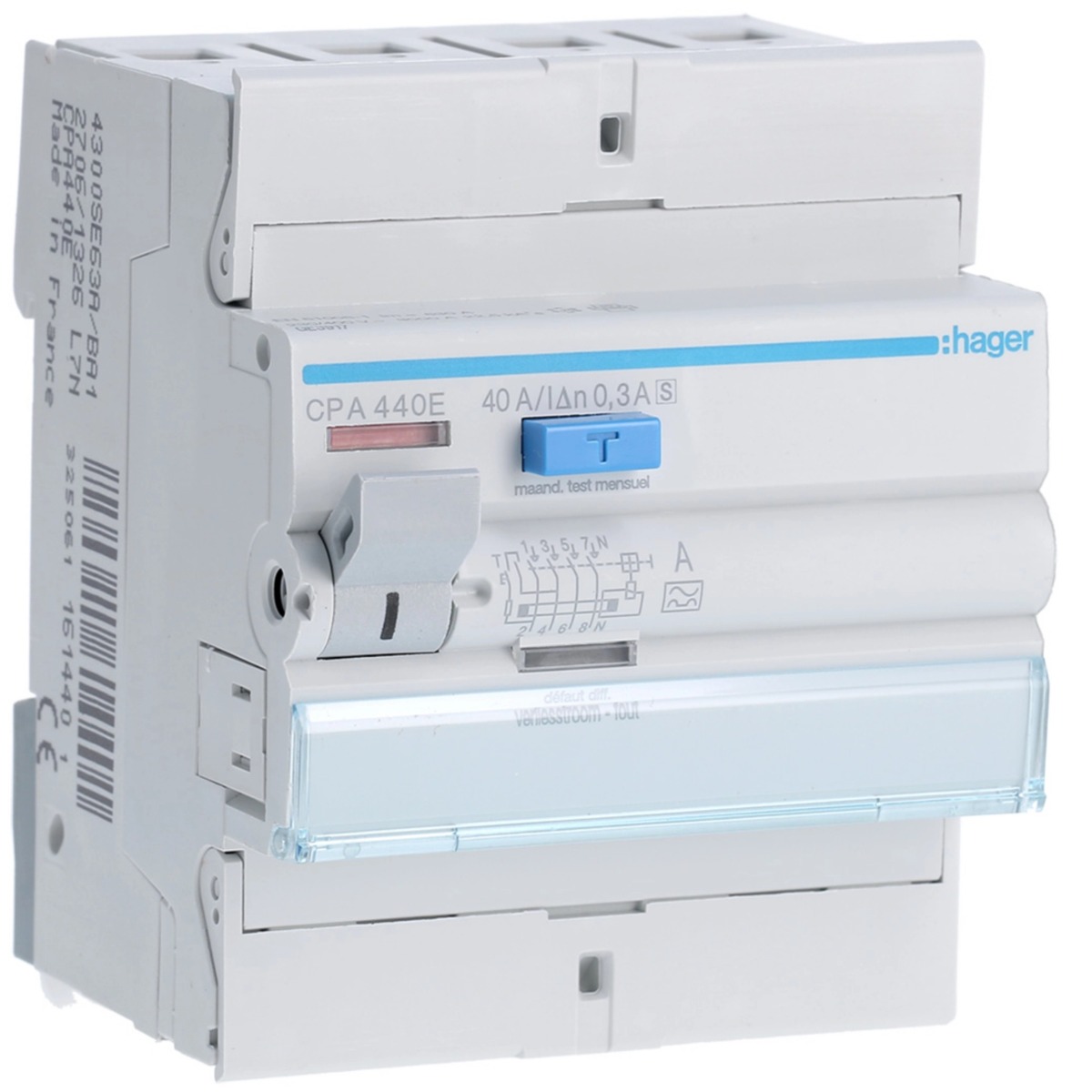 Interrupteur différentiel type A tétrapolaire 4P/40A - 300mA Sélectif CPA440E Hager