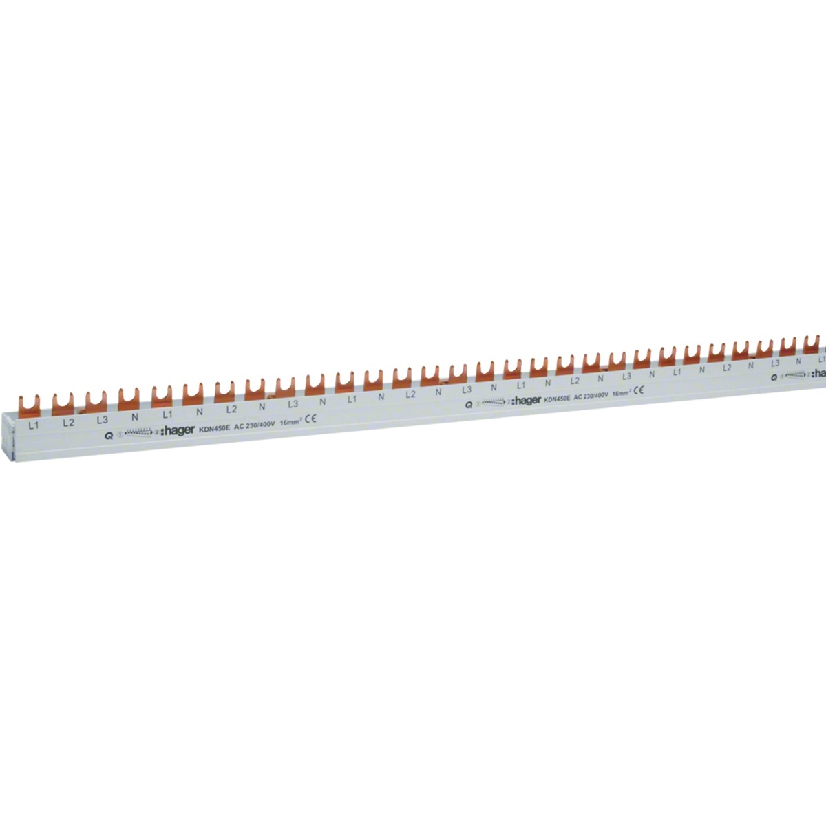 Peigne de pontage à fourches tétrapolaire 4P L1-L2-L3-L4 distribué L1-N-L2-N-L3-N (58 modules) 16mm² (80A) Hager