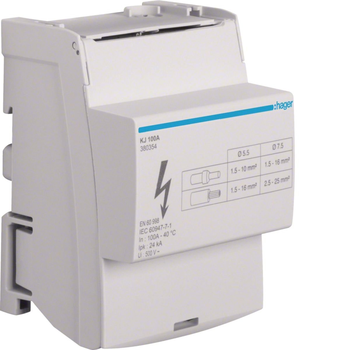 Répartiteur (jeu de barres) tétrapolaire 4P/100A 7 connexions par phase KJ100A Hager