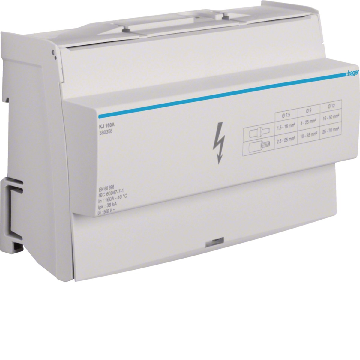 Répartiteur (jeu de barres) tétrapolaire 4P/160A 12 connexions par phase KJ160A Hager