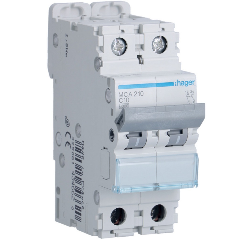 Disjoncteur 6kA - courbe C - bipolaire 2P/10A MCA210 Hager
