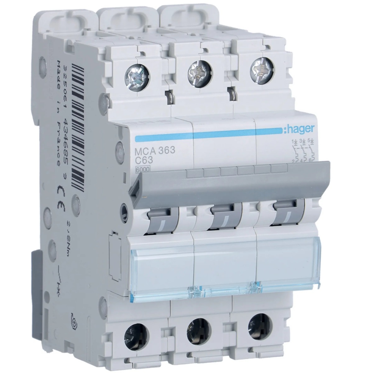 Disjoncteur 6kA - courbe C - tétrapolaire 3P/63A MCA363 Hager