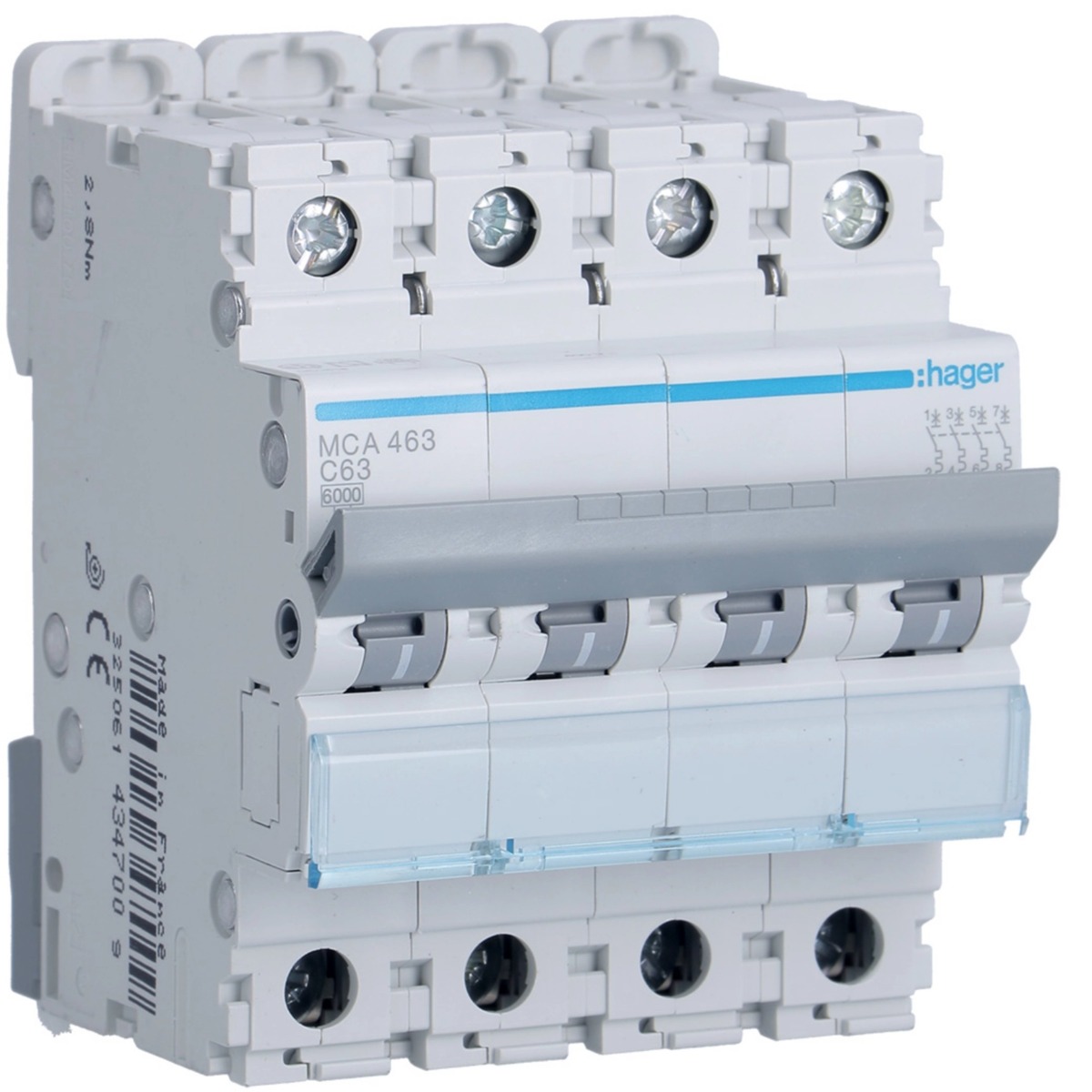 Disjoncteur 6kA - courbe C - tétrapolaire 4P/63A MCA463 Hager