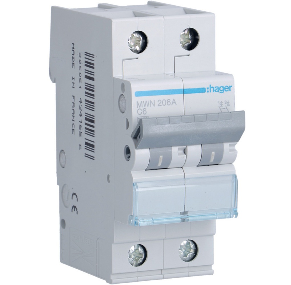Disjoncteur 3kA - courbe C - bipolaire 2P/ 6A MWN206A Hager