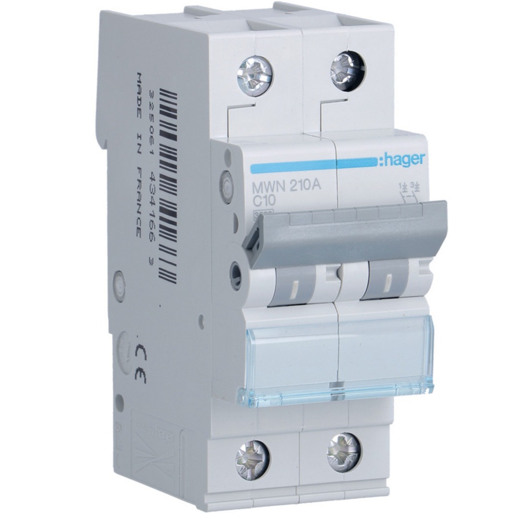 Disjoncteur 3kA - courbe C - bipolaire 2P/10A MWN210A Hager