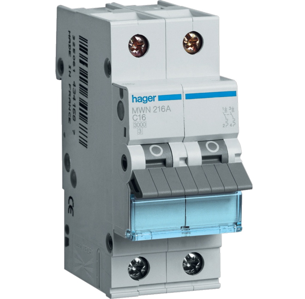 Disjoncteur 3kA - courbe C - bipolaire 2P/16A MWN216A Hager