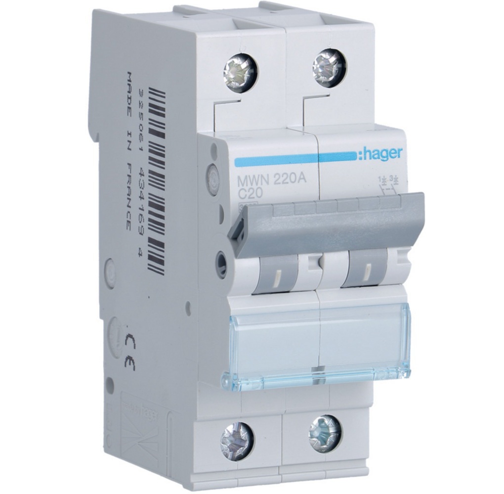 Disjoncteur 3kA - courbe C - bipolaire 2P/20A MWN220A Hager