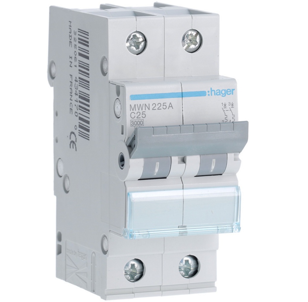 Disjoncteur 3kA - courbe C - bipolaire 2P/25A MWN225A Hager
