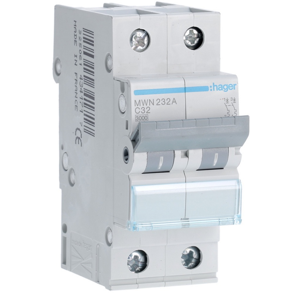 Disjoncteur 3kA - courbe C - bipolaire 2P/32A MWN232A Hager