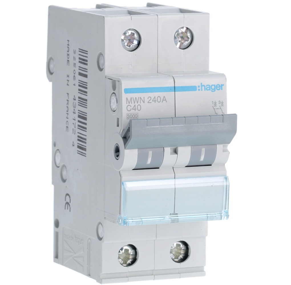Disjoncteur 3kA - courbe C - bipolaire 2P/40A MWN240A Hager